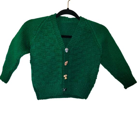 Vtg Hand Knit Green With Cute Puppy Buttons Kids Cardigan Sweater 4T? Hommade - Picture 1 of 7